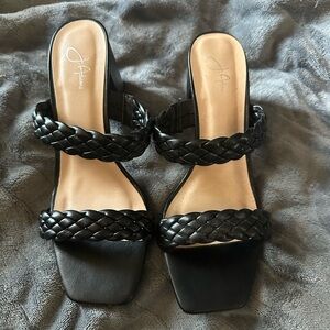 Black braided short heel sandals